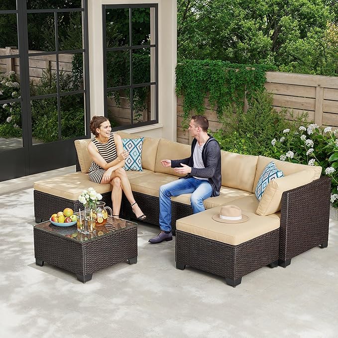 Gizoon 7 Pieces Outdoor Patio Furniture Set, All-Weather PE Rattan Wicker Sectional Sofa Seating with Waterproof Cushions and Coffee Table, Outdoor Conversation Set for Garden, Backyard, Balcony