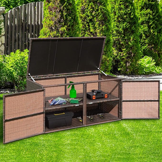 RELAX4LIFE PE Wicker Storage Box - Outdoor 88 Gallon 2-Tier Deck Box for Patio Furniture Toys Storage w/Lid & Front Doors, All Weather Rattan Storage Bin for Backyard Garden Poolside Porch (Brown)