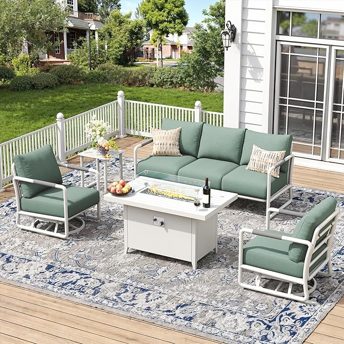 Outdoor Aluminum Patio Furniture Set, 5-Seats Patio Conversation Sofa Set with 2 Swivel Rocking Chairs and Oversized Fire Pit Table w/Glass Wind Guard, All Weather for Balcony, Garden-White