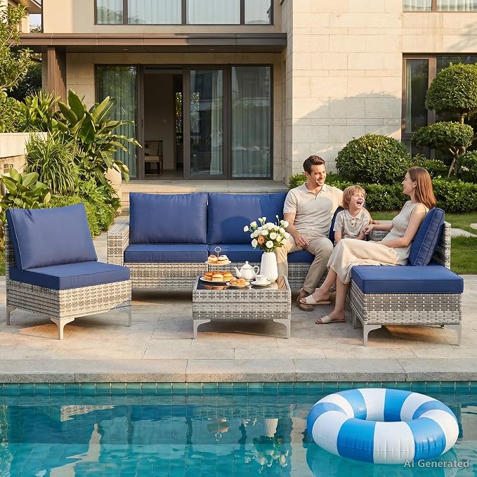 Vikiullf Patio Conversation Sets, Outdoor Furniture Set with Thick Cushions, Wicker Patio Sectional Sofas with Coffee Table for Backyard, Poolside, Garden (Grey & Blue, 7 Pieces)