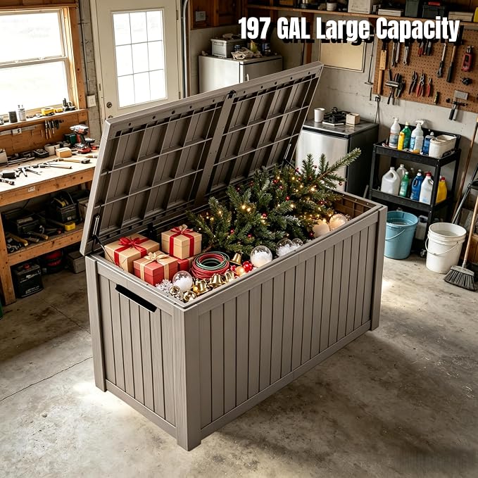 197 Gallon Large Resin Outdoor Storage Box, Waterproof Deck Box, Lockable Deck Container with Reinforced Support, Outdoor Chest for Patio Accessories, Outdoor Cushions, Garden Tools, Taupe Gray