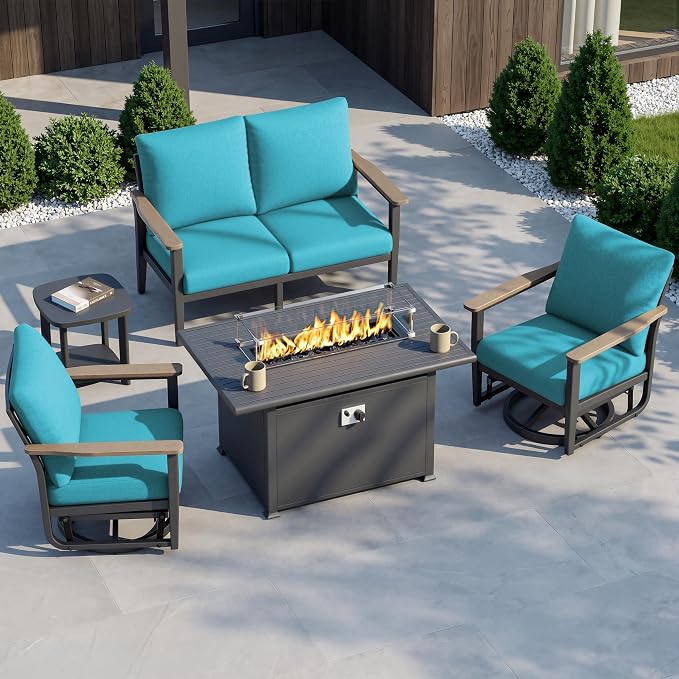 Aluminum Outdoor Patio Furniture Set with Swivel Rocking Chairs 9-Seat, Patio Sectional Sofa Patio Conversation Set with 55,000 BTU Fire Pit Table High Backrest & Thickened Cushions, Turquoise