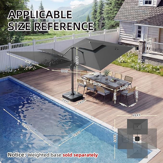 10 X 13 FT Cantilever Patio Umbrella with Led Lights Heavy Duty Windproof Double Top Large Rectangle Offset Umbrellas with 360-degree Rotation for Garden Pool Deck Backyard, Grey