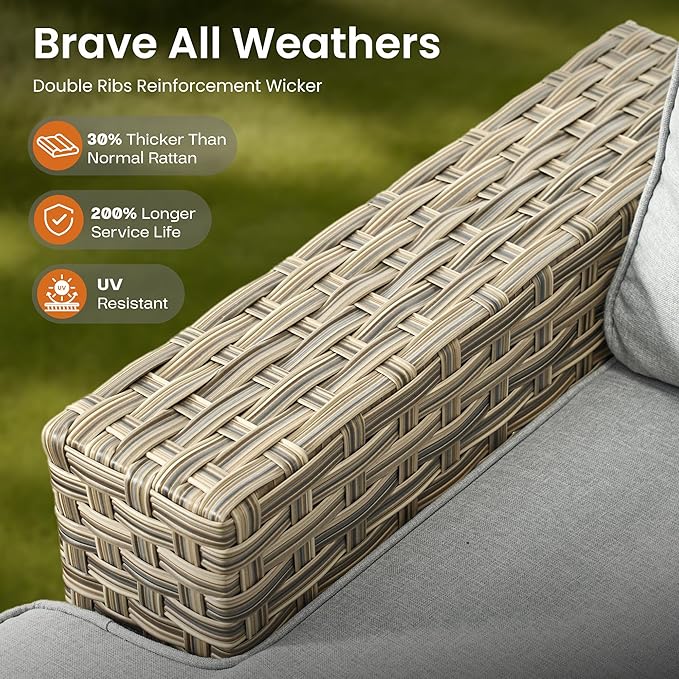 ovios 8 Piece Patio Sectional Furniture with Swivel Rocking Chairs, Rattan Wicker Coversation Couch Set, Outdoor Sofa Set for Outside Porch Balcony Backyard Pool, Light Grey