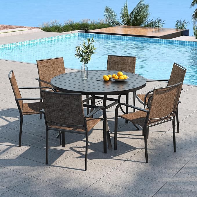 Anmutig 7-Piece Patio Dining Set, 48-Inch Round Dining Table with 6 Stackable Chairs, All-Weather Brown Tan