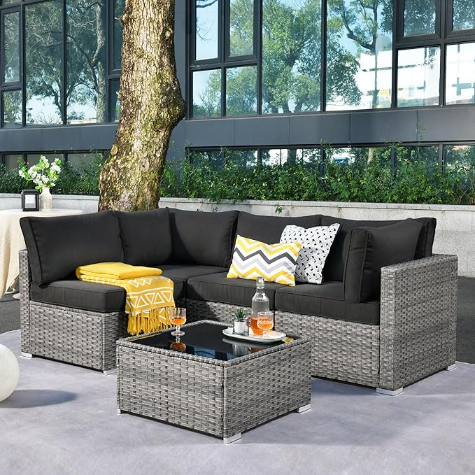 ovios Outdoor 5 Piece Coversation Set with Coffee Table,Sectional Patio Furniture Set with All-Weather Wicker Sofa,Modern Outside Couch for Balcony Backyard Pool, Black