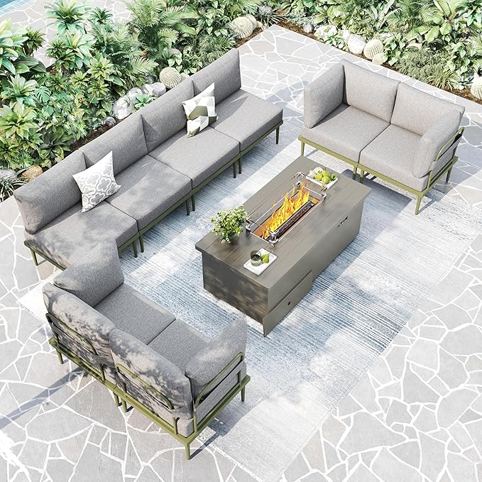 Metal Patio Furniture Set, 9 Pieces Outdoor Sectional Couch Sets with Fire Pit Table, U Shaped Outdoor Conversation Set with 6" Thick Cushion for Deck, Patio & Courtyard (Gray/Green)
