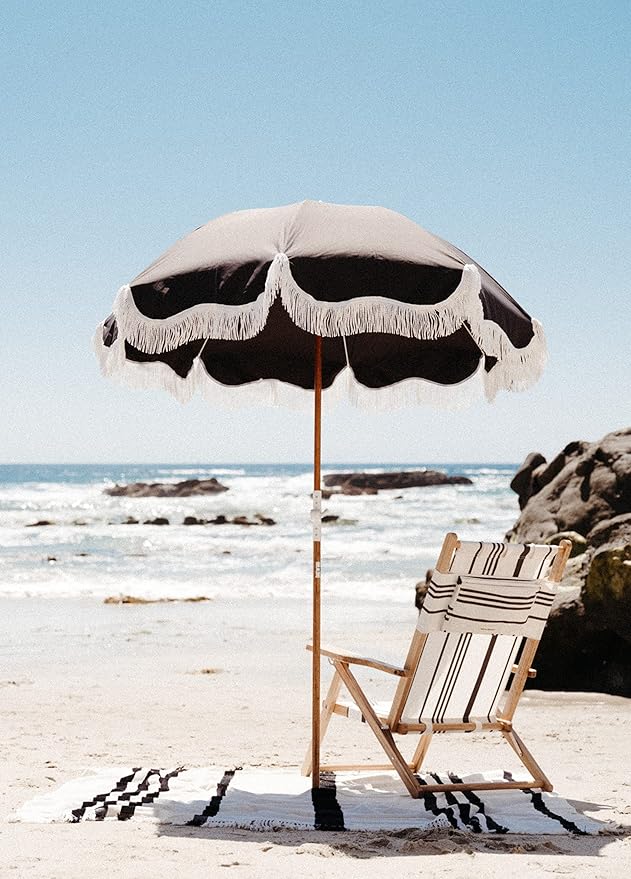 Business & Pleasure Co. Holiday Umbrella - Boho Beach Umbrella with White Fringe, UPF 50+, 1" Tilting Wood Pole, 5’ x 6.5’, Vintage Black