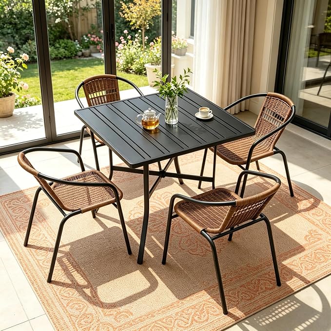 4 Pack Brown Stackable Outdoor Rattan Chairs, All-Weather Patio Seating for Balcony Porch Lawn, Small Patio Furniture Set for Front Porch Decor & Outdoor Spaces