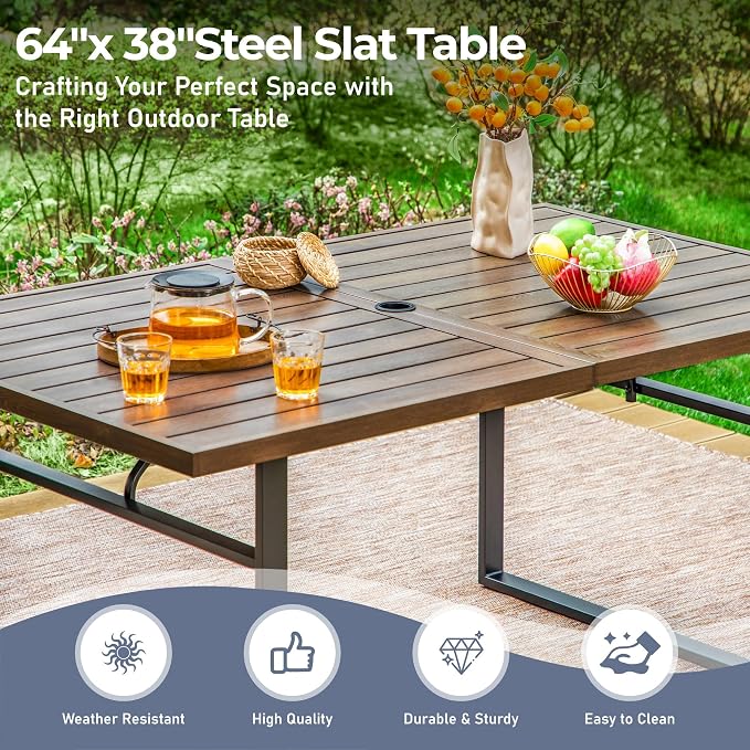SUNSHINE VALLEY 7 Piece Patio Dining Set for 6, 64” Rectangular Wood-Like Metal Table with Umbrella Hole and 6 Chairs, Outdoor Table and Chairs Set for Lawn Backyard and Deck, Brown