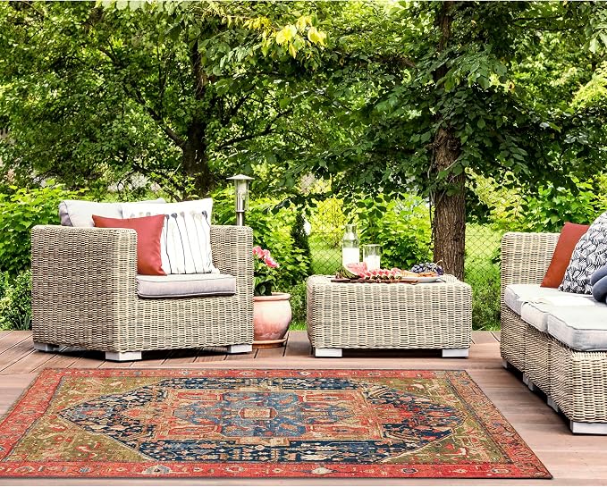 Liora Manne Marina Indoor/Outdoor Power Loomed Synthetic Blend Low Profile Area Rug - Traditional Border Casual Medallion Colorful (Heriz Red) (8'10" x 11'9")