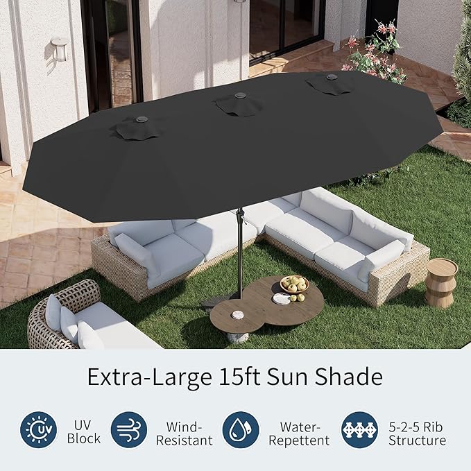PatioKingdom 15FT Large Patio Umbrella with Base, Double Sided Rectangular Outdoor Umbrella with Sturdy Fiberglass Ribs, Market Umbrella for Pool,Garden,Backyard,Deck (Black, 15FT)