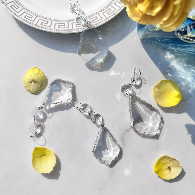 20PCS Clear Crystal Suncatcher Prisms, 63mm Chandelier Replacement Pendants | Maple Leaf Chandelier Prisms Connected Glass Octagon Beads for Lamp, Windows Wedding Party Christmas Tree Home Decor Gifts