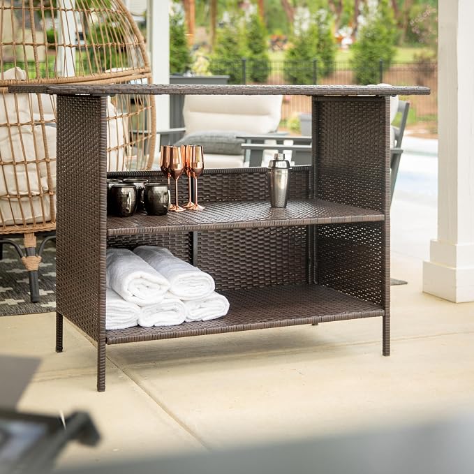 BizChair Indoor/Outdoor Patio Wicker Rattan Bar Counter Table with 2 Shelves, Brown