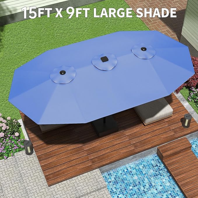 15FT Large Patio Umbrella with Base Included, Outdoor Double-Sided Rectangle Market Umbrella with Crank Handle for Pool, Lawn, Garden, Backyard, Navy Blue