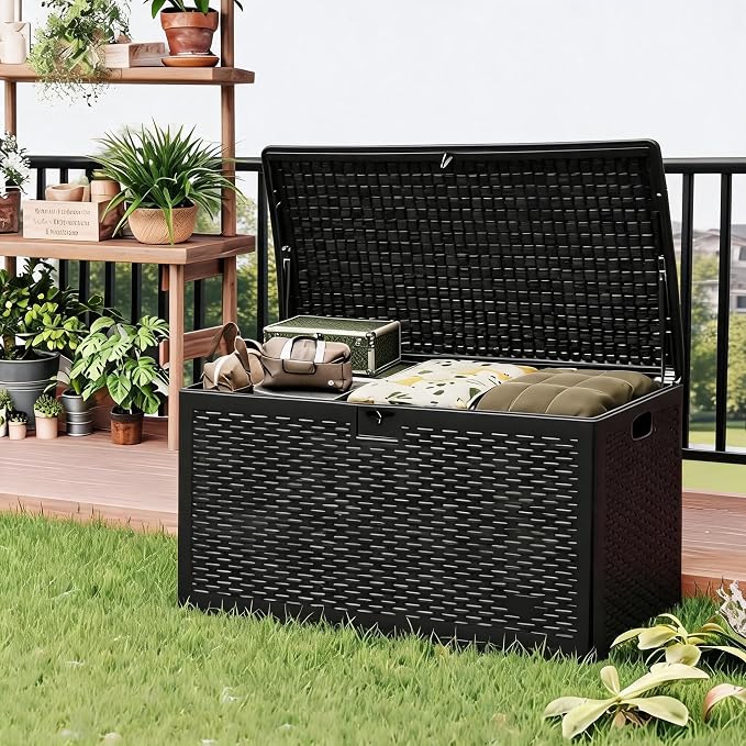 120 Gallon Waterproof Outdoor Storage Box – Blow-Molded Deck Box with Gas Rod Lift Lid, Lockable for Patio Furniture, Cushions, Garden Tools & Pool Floats,Black