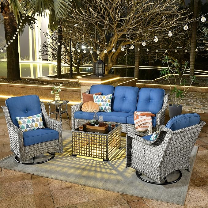 ovios 5 Piece Outdoor Patio Furniture with 3 Seat Sofa,Rattan Wicker Coversation Set with Swivel Rocking Chair,Balcony Sofa Set with Shiny Table for Outside Porch Backyard Pool, Blue