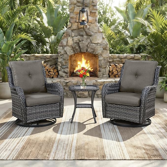 Outdoor Swivel Rocker Patio Chairs with Side Table 3 Pieces PE Wicker Patio Furniture Set for Porch Deck Balcony Garden-Grey/Grey