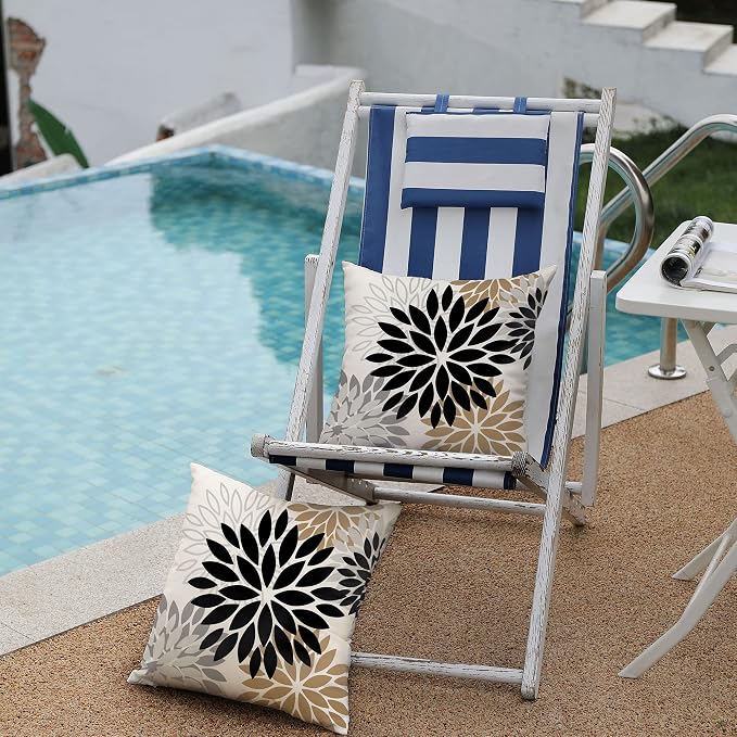 DFXSZ Outdoor Waterproof Pillow Covers 24x24 Set of 2 Black Brown Flower | Spring Summer Waterproof Flower Throw Pillowcases（No Inserts）Outdoor Decor for Patio Funiture Garden Polyester Covers