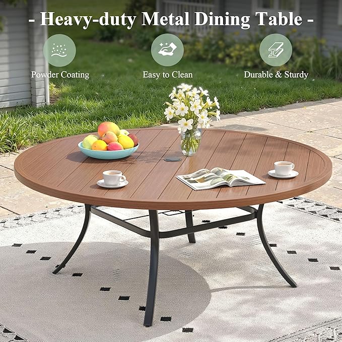 11 Pieces Outdoor Dining Set, Stackable Textilene Paito Chairs & 63" Round Dining Table with Umbrella Hole, Patio Dining Set for Backyard, Deck, Garden, Brown & Walnut