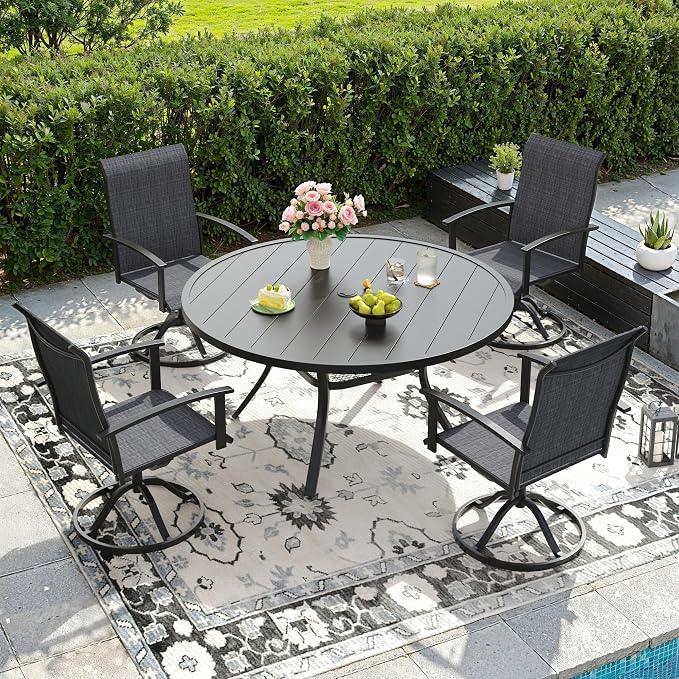DIFY 5 Pieces Outdoor Dining Set for 4, 47.2" Black Round Metal Table with Umbrella Hole and Dark Grey Textilene Swivel Patio Chairs, Patio Table and Chairs Set for Garden, Backyard, Poolside