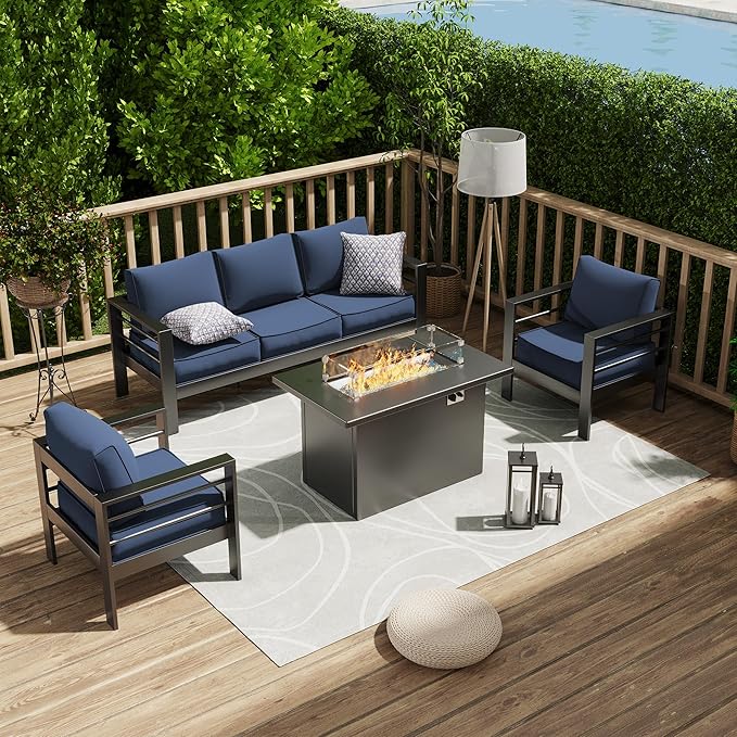 Amopatio Patio Furniture with Fire Pit, 6 Pcs Aluminum Outdoor Sectional Metal Patio Sofa Sets with Aluminum Fire Pit Table for Backyard,Dark Grey&Blue(Included Waterproof Covers)