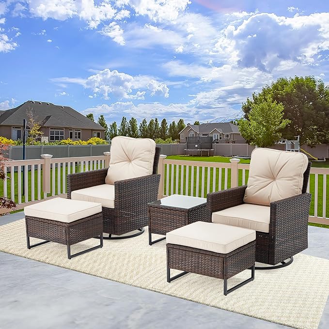 AVAWING 5 Pieces Patio Furniture Set, Wicker Swivel Glider Chairs with 2 Ottomans and 1 Side Table, Patio Chairs with Waterproof Blue Cushions for Garden, Backyard and Porch,