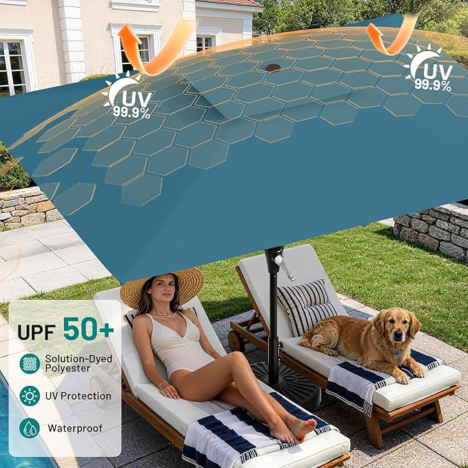 AreShark 8'x10' 2 Tiers Rectangular Patio Umbrella - Outdoor Umbrella Waterproof UV Protection, Market Table Umbrella w/Crank for Pool, Backyard, Deck(Lake Blue)