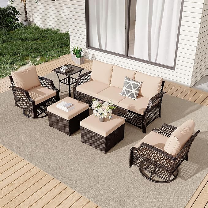 HOMREST 6 Piece Patio Furniture Set, Wicker Outdoor Conversation Sofa Set with Swivel Chairs, 2 Ottomans, Storage Coffee Table, Rattan Outdoor Sectional for Deck Backyard Porch （7 Seats, Khaki