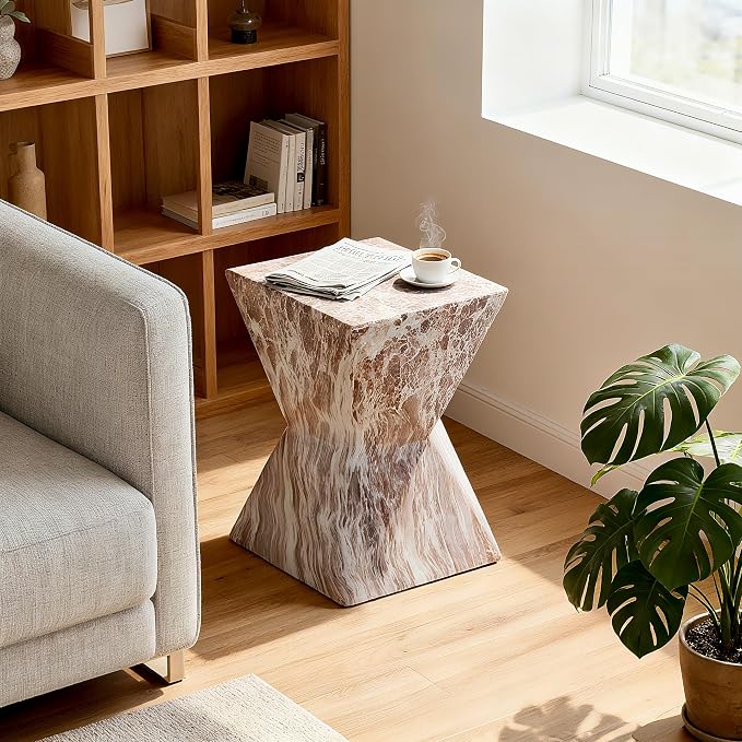 Outdoor Side Table, Faux Travertine Stone End Table, Magnesium Oxide Small Coffee Table, Multi‑Functional Garden Stool Plant Stand for Porch, Backyard Patio & Indoor 12.40"*18.30" Marble