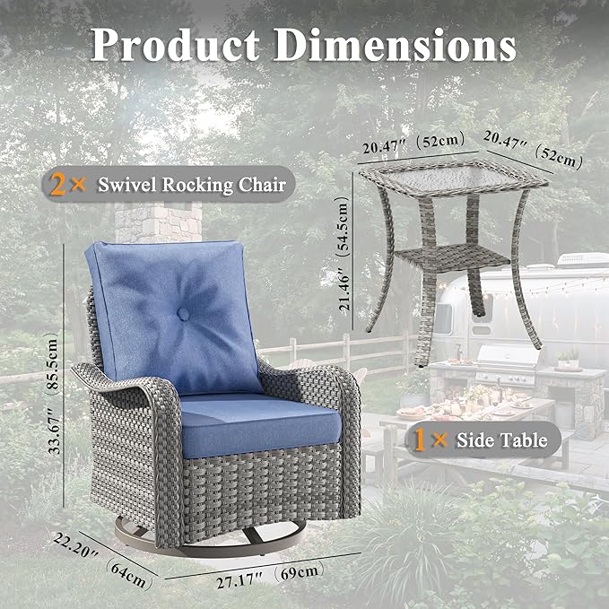 3 Piece Wicker Patio Furniture Set, Swivel Rocking Chairs with 4''Cushions, PE Rattan, Rust Resistant Frame, Double Layer Glass Side Table, for Backyard, Deck or Balcony, Navy