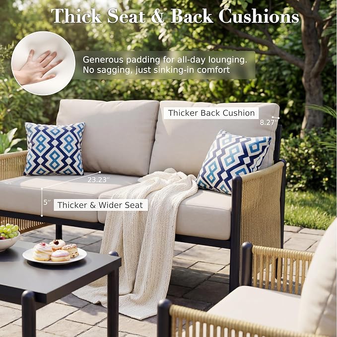Aluminum Patio Furniture Set, 4 Seats Outdoor Patio Furniture with Coffee Table, Outdoor Wicker Conversation Sets with Cushion for Backyard, Balcony,Porch,Light Grey