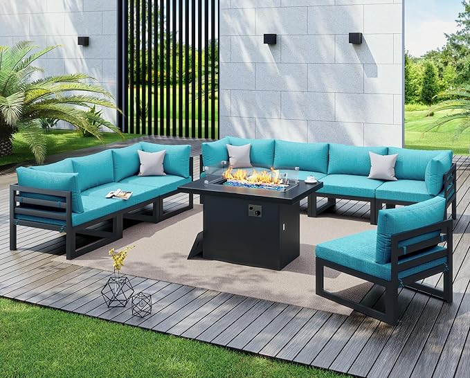 NICESOUL 9 Piece Modern Aluminum Patio Furniture Set with Fire Pit Table, 500 lbs Heavy Duty Outdoor Sectional Sofa, 29" Deep Wide Oversized Seating L Shaped Conversation Couch for Garden, Turquoise