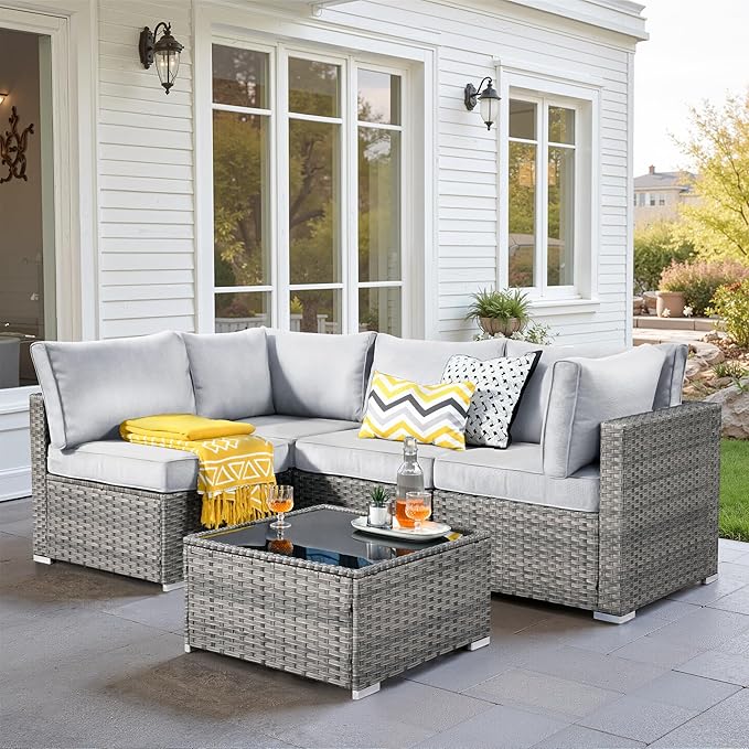 5 PCS Outdoor Patio Furniture Sets,Wicker Weather Resistant Patio Conversation Set with Comfy Cushions,Modular L Shaped Sofa with Coffee Table for Yard Backyard Porch Garden Poolside,Light Grey