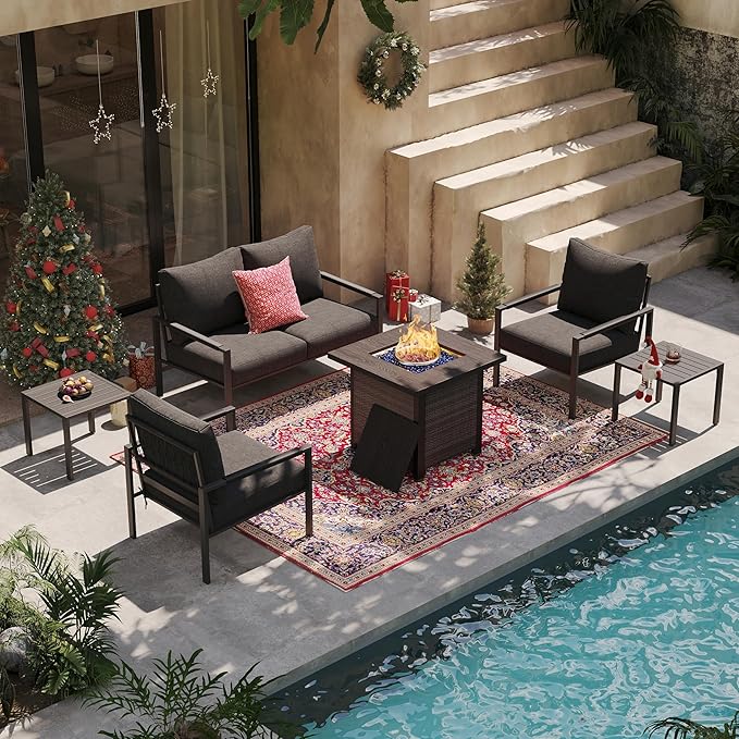 Metal Patio Furniture Set w/Fire Pit Table, 6-Piece Modern Outdoor Conversation Set with 5-Inch Thick Cushions, Outdoor Furniture Set for Garden, Backyard, Balcony, Poolside (Dark Grey)