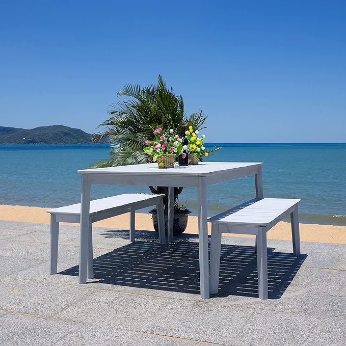 SAFAVIEH Outdoor Collection Europa Grey Acacia Wood 3-Piece Bench Dining Set with Umbrella Hole