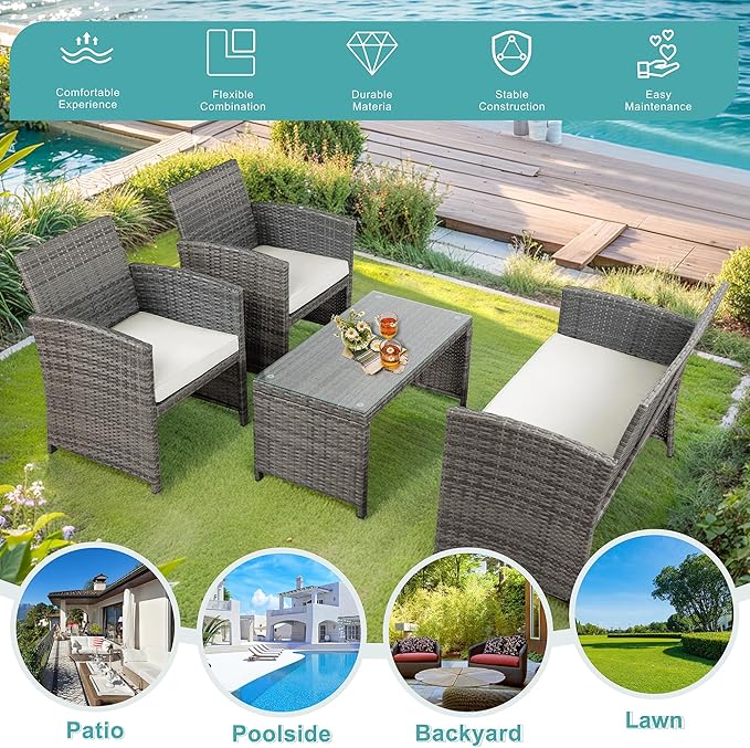 SUNLEI 4 Piece Outdoor Patio Furniture Set, Rattan Chair Wicker Conversation Set, Backyard Porch Garden Poolside Gray Rattan Sofa Chair with Cushion for Outdoor Indoor Use (White)