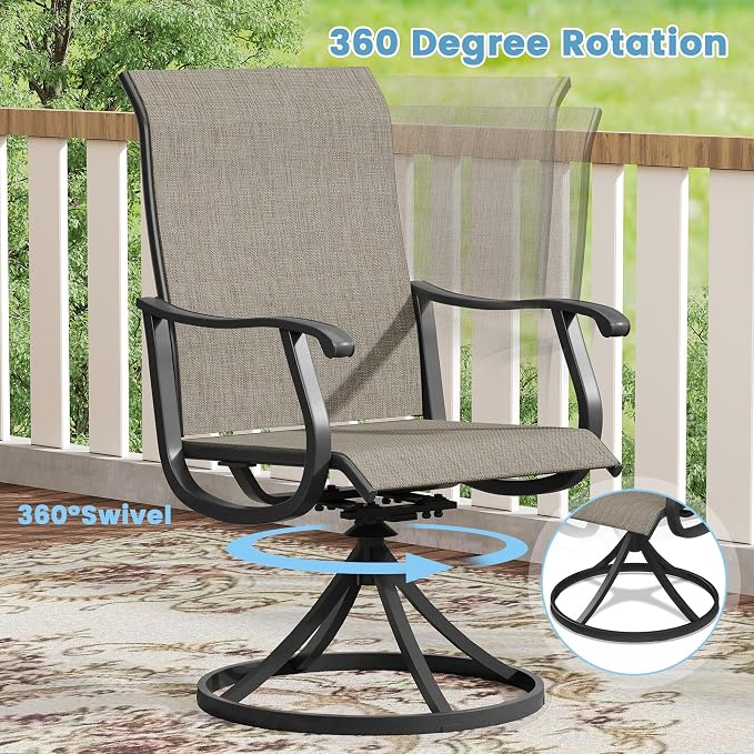 DIFY Patio Table and Chairs Set for 6, 7 Piece Outdoor Dining Set, 53.1" Walnut Round Metal Dining Table with Umbrella Hole and 6 Brown Textilene Swivel Patio Chairs, for Garden Backyard Deck