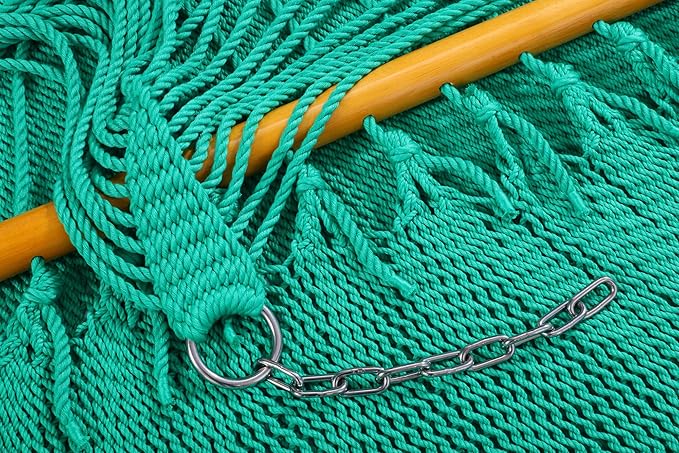Classic Caribbean Hammock - Hand Woven with Wooden Spreader Bars, Sunlit Green Rope Net, 79 Inch Wide x 12 Ft Long, Double Person, Outdoor Garden Patio Backyard, Tropical Relaxation