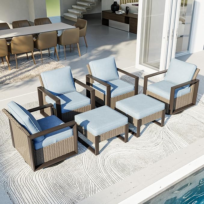 Outdoor Patio Furniture Set, 6 Piece Wicker Patio Conversation with Deep Seating, Thicken Cushions, Outdoor Swivel Rocker Patio Chairs, Metal Outdoor Furniture for Deck, Porch, Yard Use