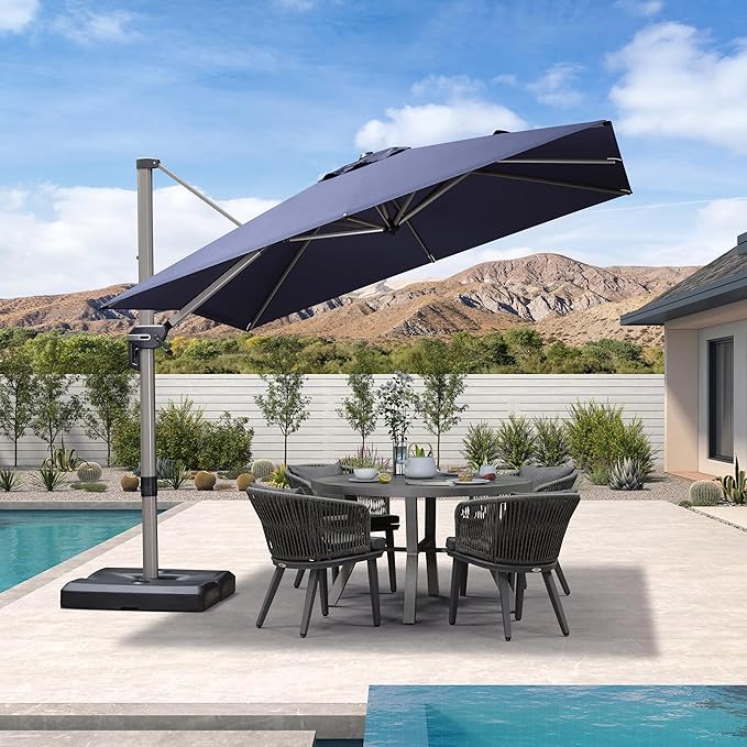 PURPLE LEAF 9’ X 9‘ Patio Umbrella Outdoor Cantilever Umbrella, Aluminum Offset Umbrella with Champagne Frame and 360° Rotation for Pool Deck Garden, Navy Blue