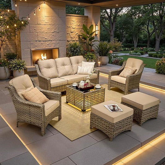 6 PCS Patio Furniture Set, Deep Seat High Back Outdoor Conversation Set with Ottomans, Wicker Outside Furniture with Solar Light Coffee Table for Porch Backyard Balcony, Sunroom, Beige
