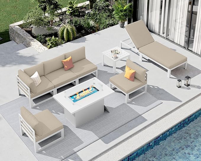 NICESOUL 8 Piece Modern Aluminum Outdoor Patio Furniture Set with Lounger & Fire Pit Table, Extra Large All-Weather Modular Sectional Couch, 29" Wide Deep Seating Conversation Sofa for Poolside, Beige