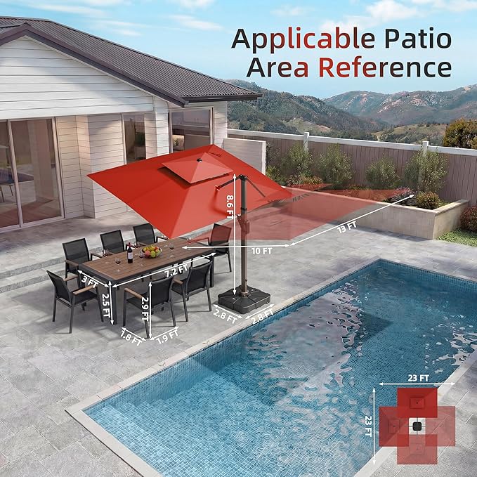 10 X 13 FT Cantilever Patio Umbrella with Led Lights Outdoor Rectangle Offset Large Double Top Heavy Duty Umbrellas with 360°Rotation for Pool Deck Backyard Garden, Wine Red