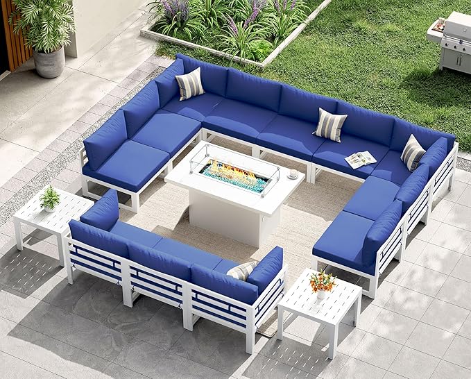 NICESOUL 15 Piece XL Aluminum Patio Sectional Furniture Set with Fire Pit & Side Table, 500 lbs Heavy Duty Outdoor Sofa, 29" Extra Deep Seating, High End Conversation Couch for Poolside, Navy Blue