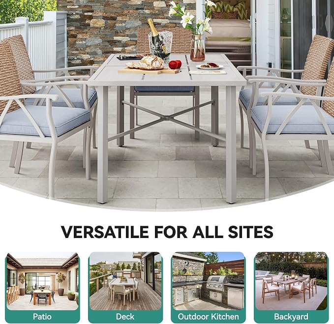 YITAHOME Patio Table Rectangle 59.1"x35.4" Outdoor Tables with Umbrella Hole & Adjustable Levelers All-Weather Outdoor Patio Table with Metal Frame for Lawn Garden Backyard, Gray