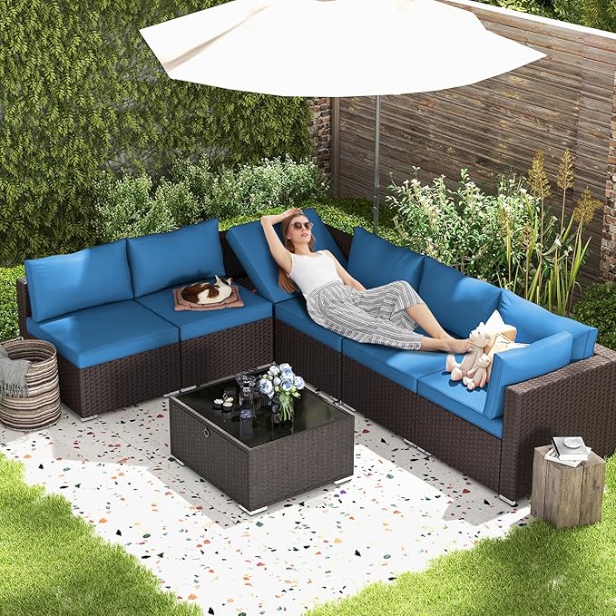 7 Piece Patio Furniture Set with Adjustable Bracket Wicker Rattan Patio Conversation Sets Outdoor Sectional Sofa Set with Wood Table and Cushions for Porch Lawn Garden, Blue