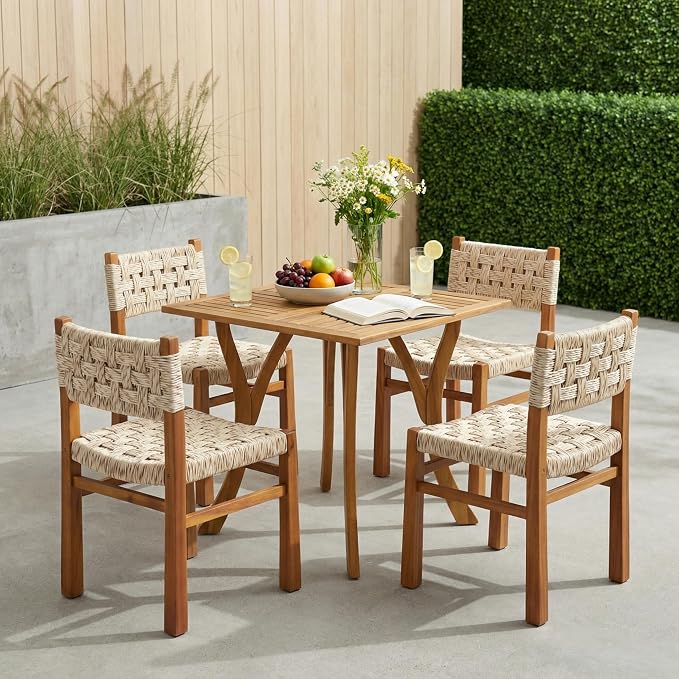 Christopher Knight Home 5 Piece Outdoor Dining Set Acacia Wood Square Table and 4 Light Grey Wicker Chairs Teak Finish Patio Furniture Set for Garden Backyard Balcony Deck