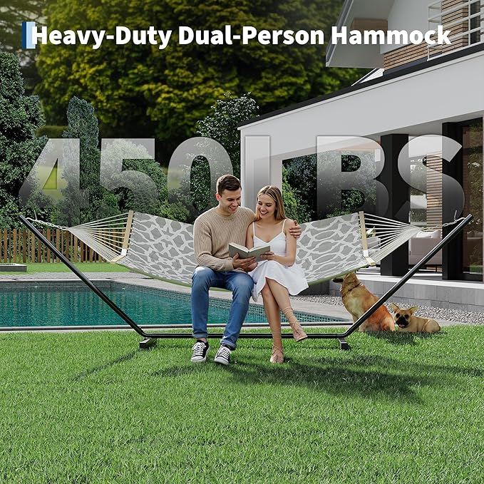 2 Person Outdoor Hammock with Stand, 450LBS Capacity, Heavy Duty Hammock with Carrying Bag & Soft Pillow, Portable Indoor Outdoor Hammock, Perfect for Backyard Patio Beach
