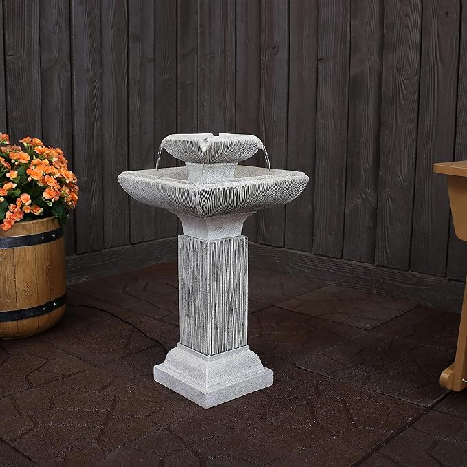 Sunnydaze 25-Inch Square 2-Tier Outdoor Bird Bath Water Fountain - LED Lights - Electric Submersible Pump with Adjustable Flow